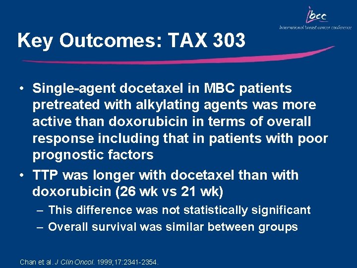 Key Outcomes: TAX 303 • Single-agent docetaxel in MBC patients pretreated with alkylating agents