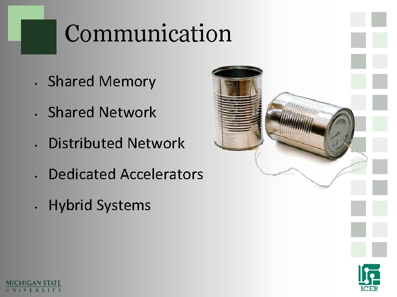 Communication • Shared Memory • Shared Network • Distributed Network • Dedicated Accelerators • Communication • Shared Memory • Shared Network • Distributed Network • Dedicated Accelerators •