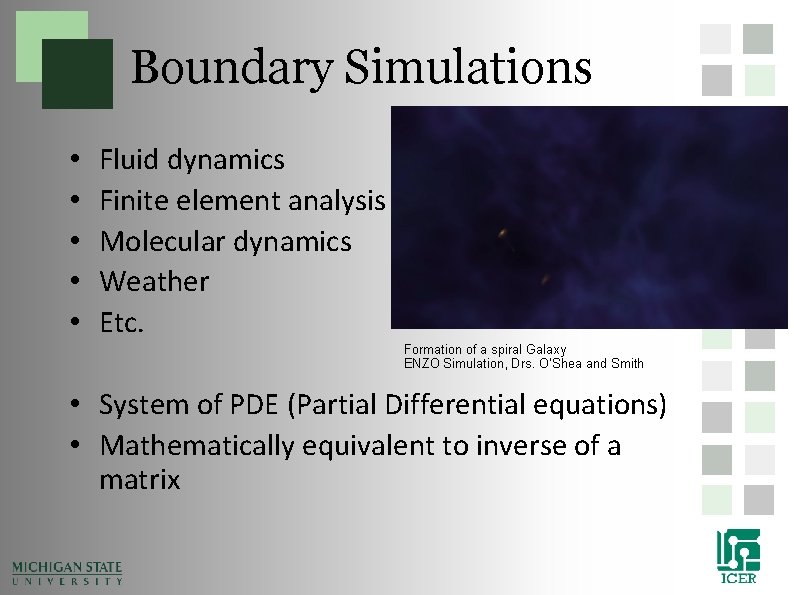 Boundary Simulations • • • Fluid dynamics Finite element analysis Molecular dynamics Weather Etc. Boundary Simulations • • • Fluid dynamics Finite element analysis Molecular dynamics Weather Etc.