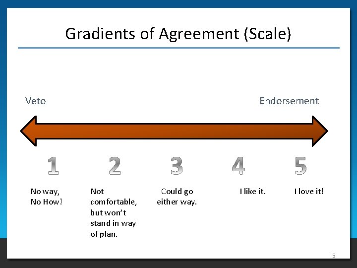 Gradients of Agreement (Scale) Veto No way, No How! Endorsement Not comfortable, but won’t