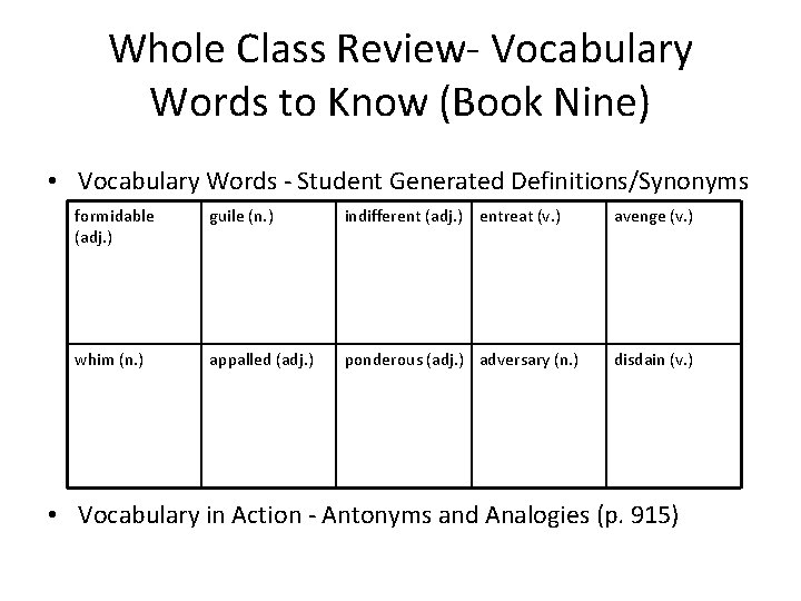 Whole Class Review- Vocabulary Words to Know (Book Nine) • Vocabulary Words - Student