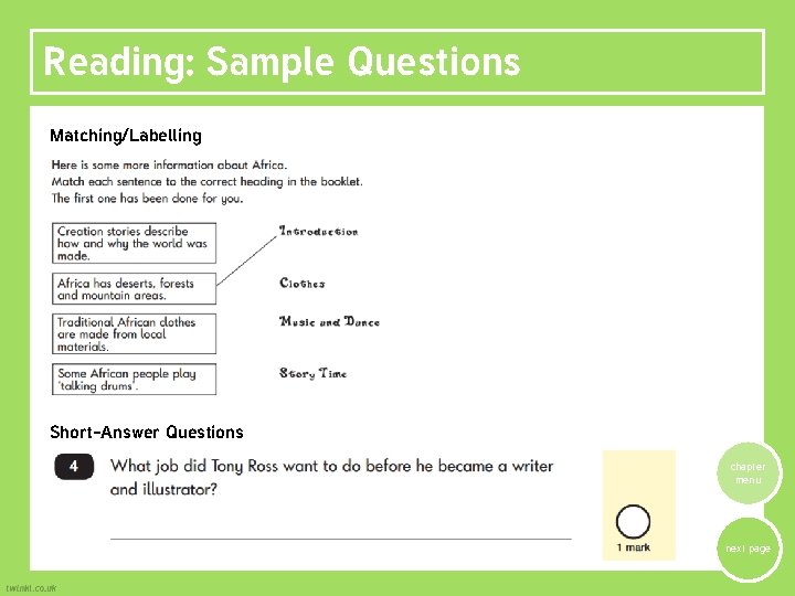Reading: Sample Questions Matching/Labelling Short-Answer Questions chapter menu next page 