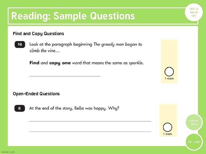 Reading: Sample Questions click to see all text Find and Copy Questions Open-Ended Questions Reading: Sample Questions click to see all text Find and Copy Questions Open-Ended Questions