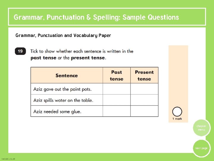 Grammar, Punctuation & Spelling: Sample Questions Grammar, Punctuation and Vocabulary Paper chapter menu next Grammar, Punctuation & Spelling: Sample Questions Grammar, Punctuation and Vocabulary Paper chapter menu next