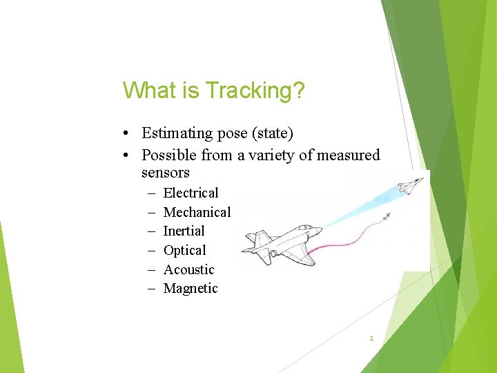 What is Tracking? • Estimating pose (state) • Possible from a variety of measured