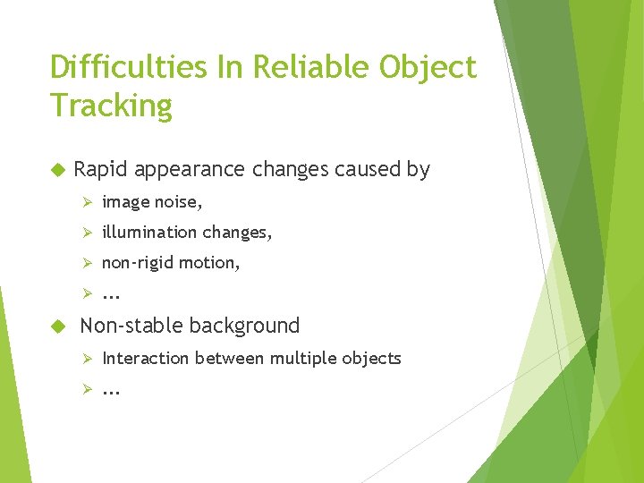 Difficulties In Reliable Object Tracking Rapid appearance changes caused by Ø image noise, Ø