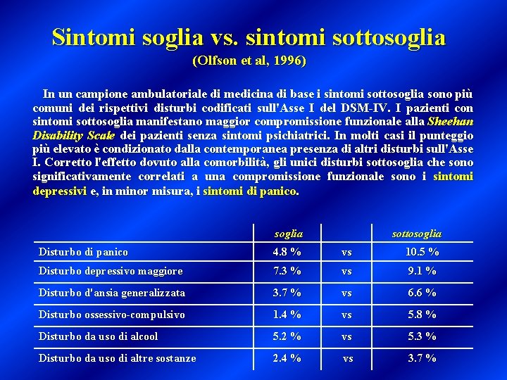 Sintomi soglia vs. sintomi sottosoglia (Olfson et al, 1996) In un campione ambulatoriale di