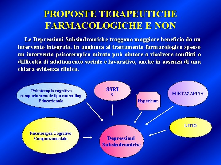 PROPOSTE TERAPEUTICHE FARMACOLOGICHE E NON Le Depressioni Subsindromiche traggono maggiore beneficio da un intervento