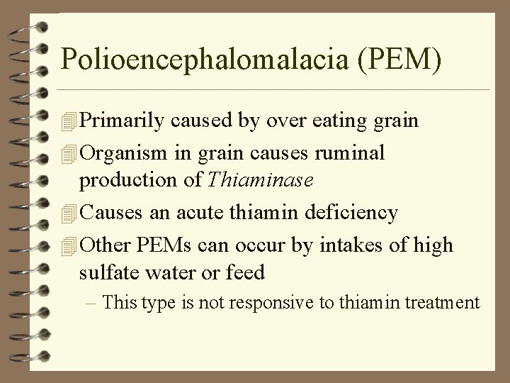 Polioencephalomalacia (PEM) 4 Primarily caused by over eating grain 4 Organism in grain causes