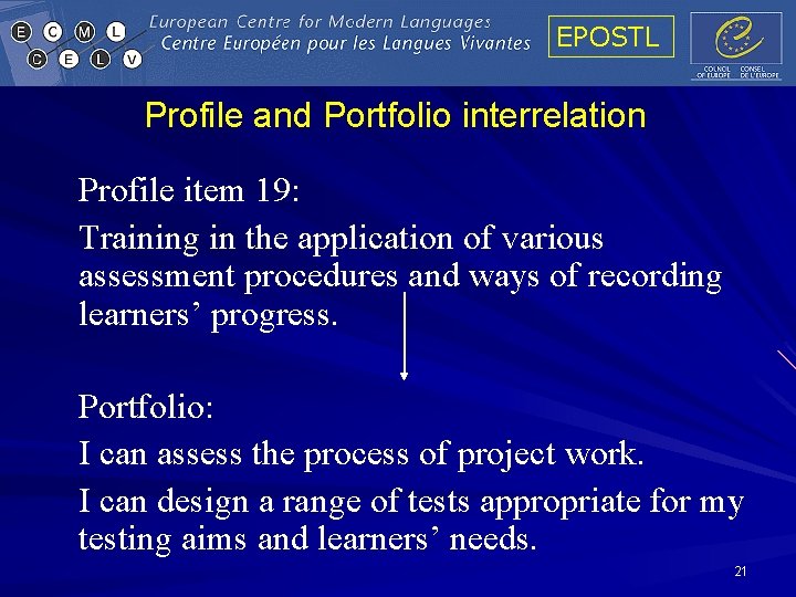EPOSTL Profile and Portfolio interrelation Profile item 19: Training in the application of various EPOSTL Profile and Portfolio interrelation Profile item 19: Training in the application of various