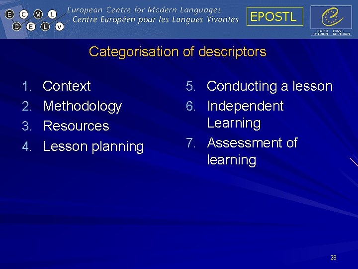 EPOSTL Categorisation of descriptors 1. Context 5. Conducting a lesson 2. Methodology 6. Independent EPOSTL Categorisation of descriptors 1. Context 5. Conducting a lesson 2. Methodology 6. Independent