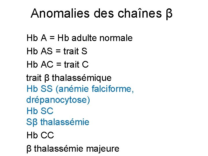 Anomalies des chaînes β Hb A = Hb adulte normale Hb AS = trait