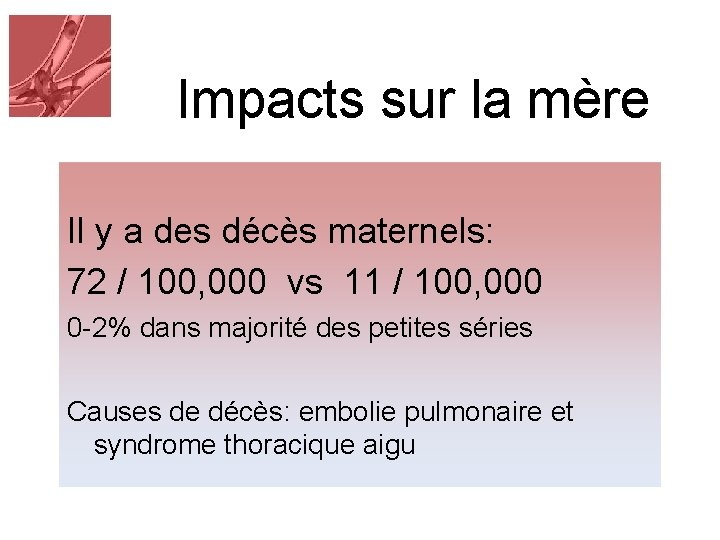 Impacts sur la mère Il y a des décès maternels: 72 / 100, 000