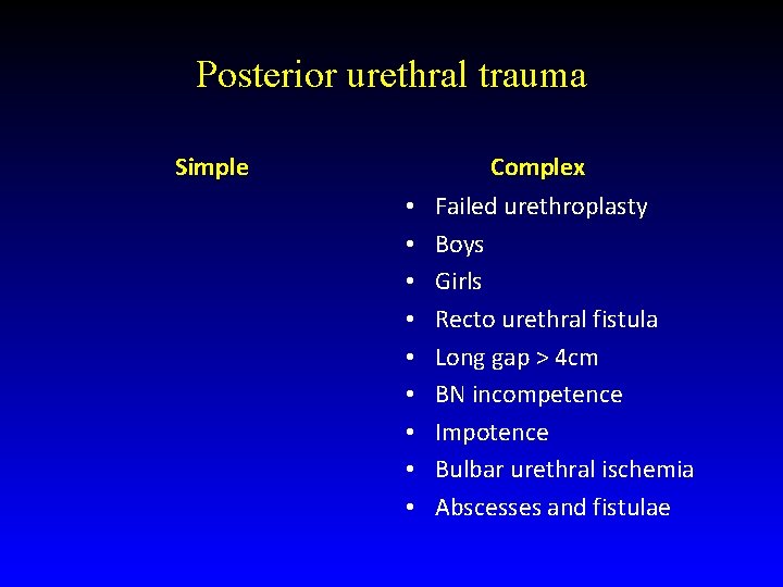 Posterior urethral trauma Simple Complex • • • Failed urethroplasty Boys Girls Recto urethral