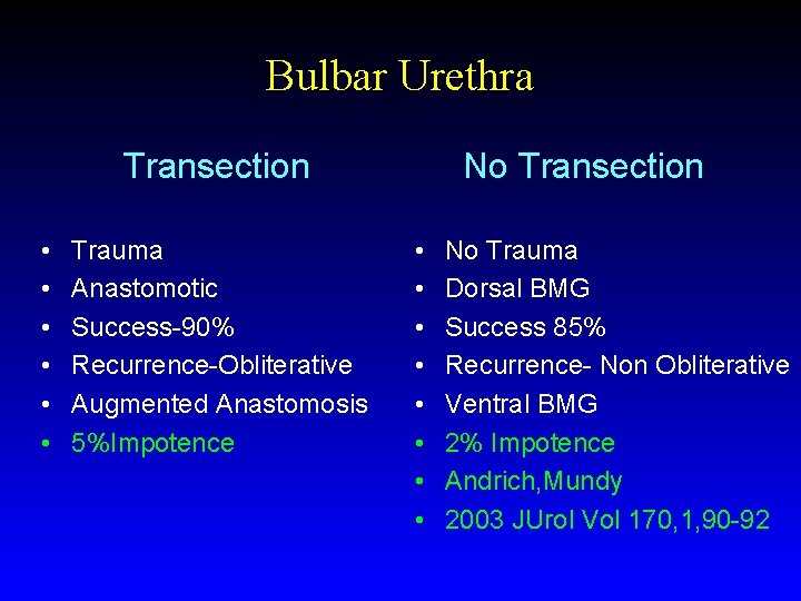 Bulbar Urethra Transection • • • Trauma Anastomotic Success-90% Recurrence-Obliterative Augmented Anastomosis 5%Impotence No Bulbar Urethra Transection • • • Trauma Anastomotic Success-90% Recurrence-Obliterative Augmented Anastomosis 5%Impotence No