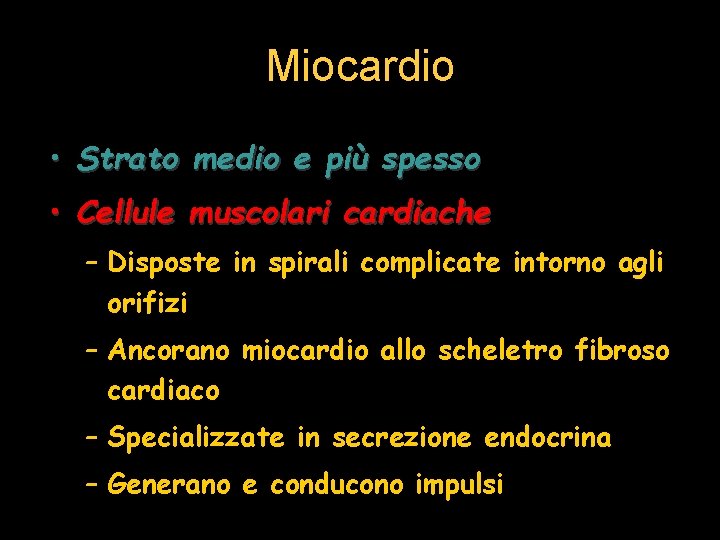 Miocardio • Strato medio e più spesso • Cellule muscolari cardiache – Disposte in
