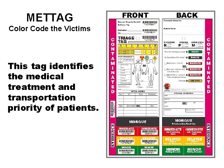 METTAG Color Code the Victims This tag identifies the medical treatment and transportation priority