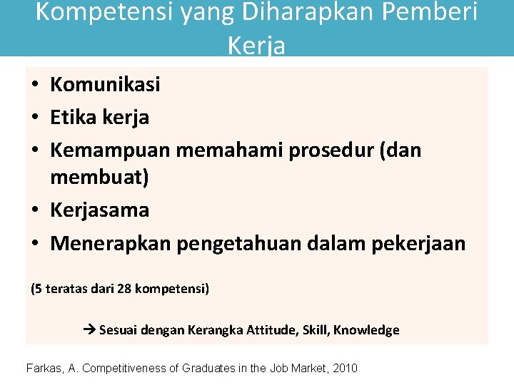 Kompetensi yang Diharapkan Pemberi Kerja • Komunikasi • Etika kerja • Kemampuan memahami prosedur