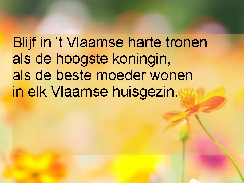 Blijf in 't Vlaamse harte tronen als de hoogste koningin, als de beste moeder