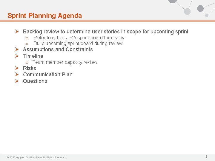 Sprint Planning Agenda Ø Backlog review to determine user stories in scope for upcoming