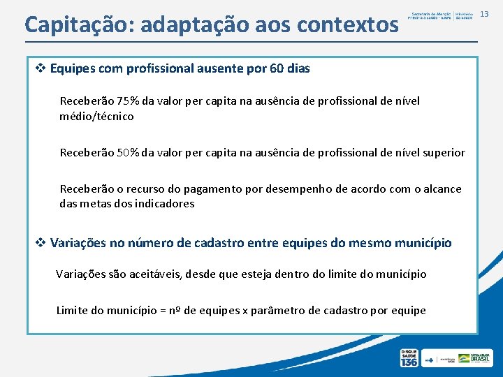 Capitação: adaptação aos contextos v Equipes com profissional ausente por 60 dias Receberão 75% Capitação: adaptação aos contextos v Equipes com profissional ausente por 60 dias Receberão 75%