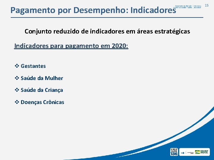 Pagamento por Desempenho: Indicadores Conjunto reduzido de indicadores em áreas estratégicas Indicadores para pagamento Pagamento por Desempenho: Indicadores Conjunto reduzido de indicadores em áreas estratégicas Indicadores para pagamento