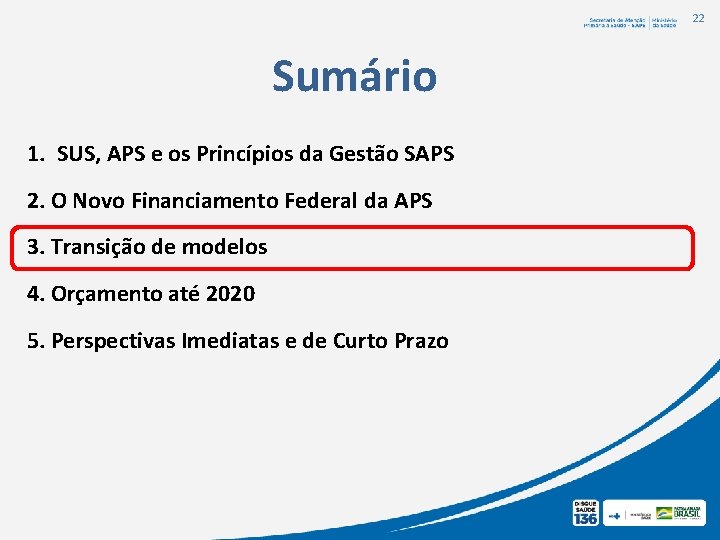 22 Sumário 1. SUS, APS e os Princípios da Gestão SAPS 2. O Novo 22 Sumário 1. SUS, APS e os Princípios da Gestão SAPS 2. O Novo