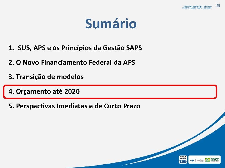 25 Sumário 1. SUS, APS e os Princípios da Gestão SAPS 2. O Novo 25 Sumário 1. SUS, APS e os Princípios da Gestão SAPS 2. O Novo