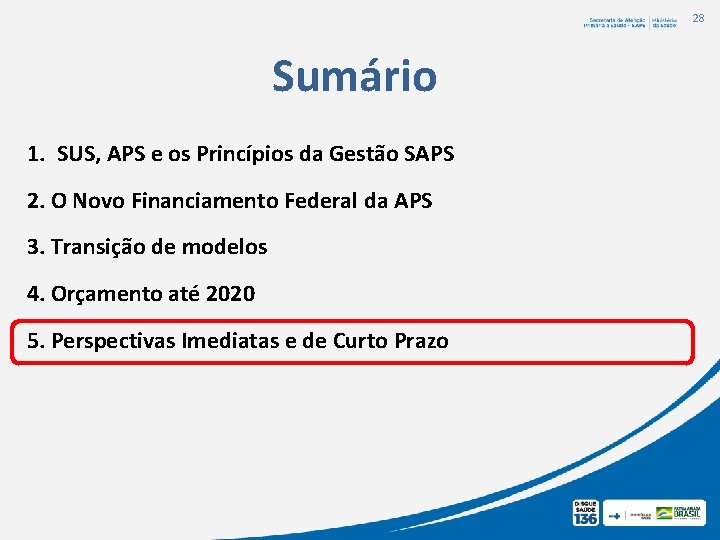 28 Sumário 1. SUS, APS e os Princípios da Gestão SAPS 2. O Novo 28 Sumário 1. SUS, APS e os Princípios da Gestão SAPS 2. O Novo