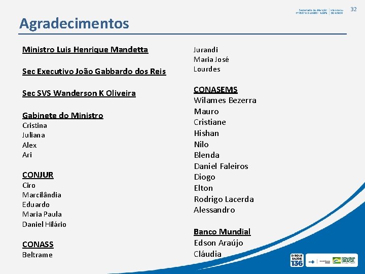 32 Agradecimentos Ministro Luis Henrique Mandetta Sec Executivo João Gabbardo dos Reis Sec SVS 32 Agradecimentos Ministro Luis Henrique Mandetta Sec Executivo João Gabbardo dos Reis Sec SVS