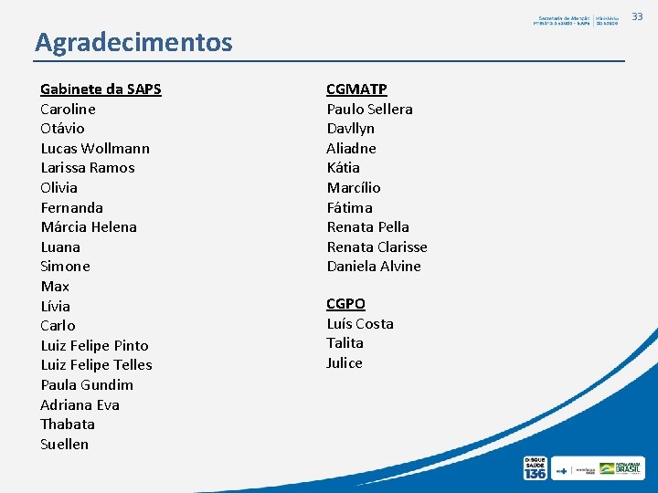 33 Agradecimentos Gabinete da SAPS Caroline Otávio Lucas Wollmann Larissa Ramos Olivia Fernanda Márcia 33 Agradecimentos Gabinete da SAPS Caroline Otávio Lucas Wollmann Larissa Ramos Olivia Fernanda Márcia