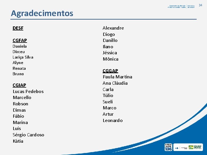 34 Agradecimentos DESF CGFAP Daniela Dirceu Lariça Silva Alyne Renata Bruno CGIAP Lucas Pedebos 34 Agradecimentos DESF CGFAP Daniela Dirceu Lariça Silva Alyne Renata Bruno CGIAP Lucas Pedebos