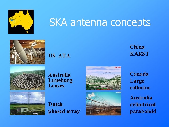 SKA antenna concepts US ATA China KARST Australia Luneburg Lenses Canada Large reflector Dutch