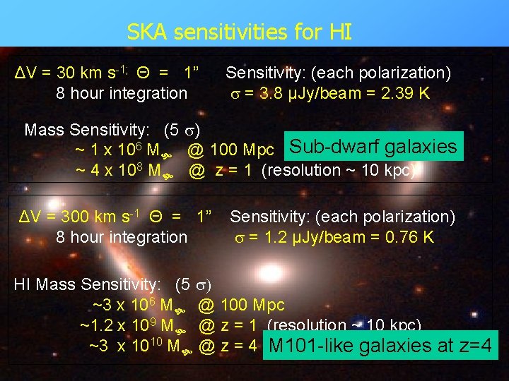 SKA sensitivities for HI ΔV = 30 km s-1; Θ = 1” 8 hour