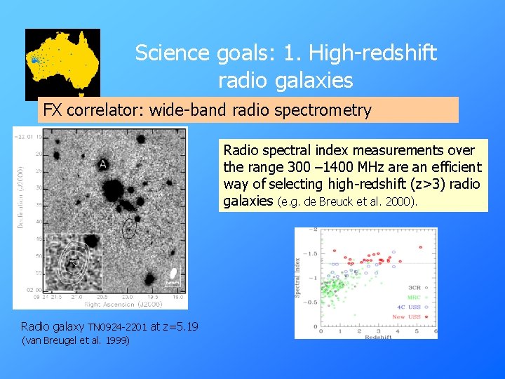 Science goals: 1. High-redshift radio galaxies FX correlator: wide-band radio spectrometry Radio spectral index