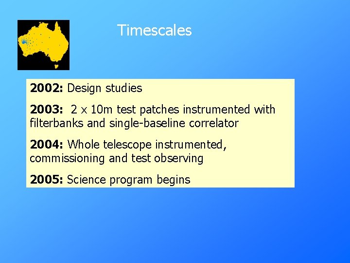 Timescales 2002: Design studies 2003: 2 x 10 m test patches instrumented with filterbanks