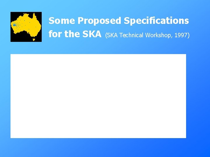 Some Proposed Specifications for the SKA (SKA Technical Workshop, 1997) 