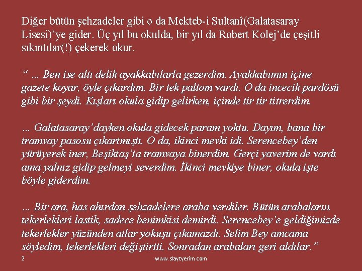 Diğer bütün şehzadeler gibi o da Mekteb-i Sultanî(Galatasaray Lisesi)’ye gider. Üç yıl bu okulda,