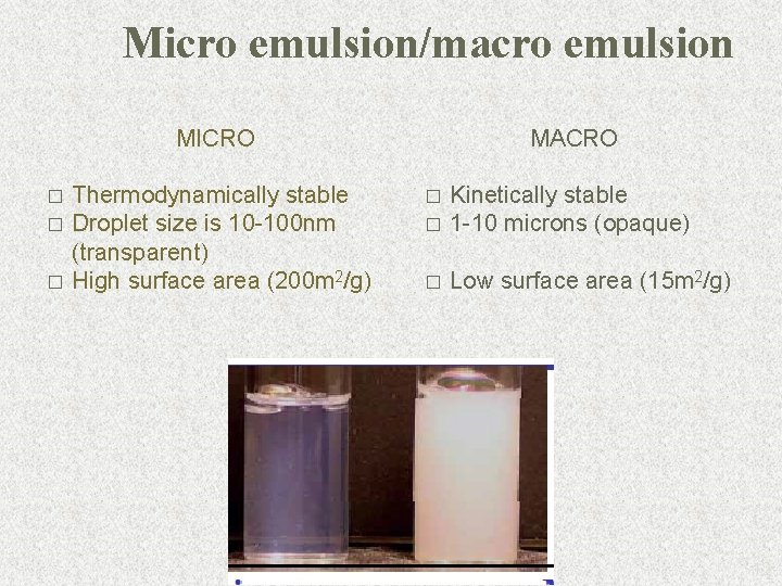 Micro emulsion/macro emulsion MICRO � � � Thermodynamically stable Droplet size is 10 -100