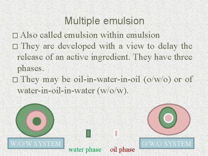 Multiple emulsion � Also called emulsion within emulsion � They are developed with a