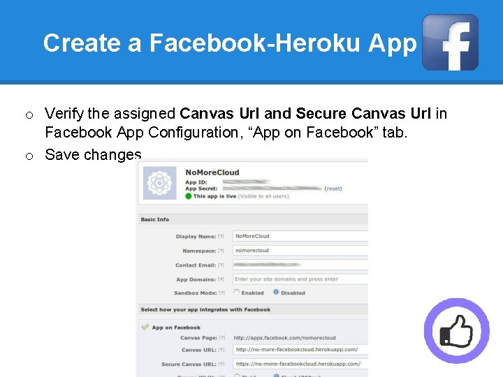 Create a Facebook-Heroku App o Verify the assigned Canvas Url and Secure Canvas Url