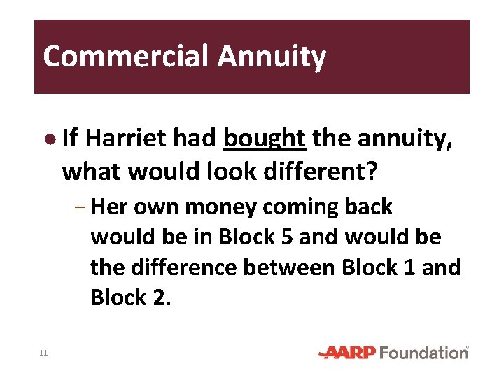 Commercial Annuity ● If Harriet had bought the annuity, what would look different? −
