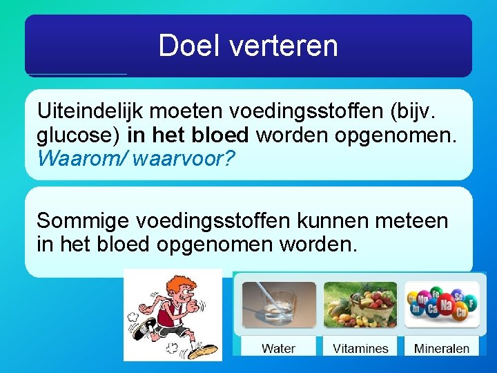 Doel verteren Uiteindelijk moeten voedingsstoffen (bijv. glucose) in het bloed worden opgenomen. Waarom/ waarvoor?