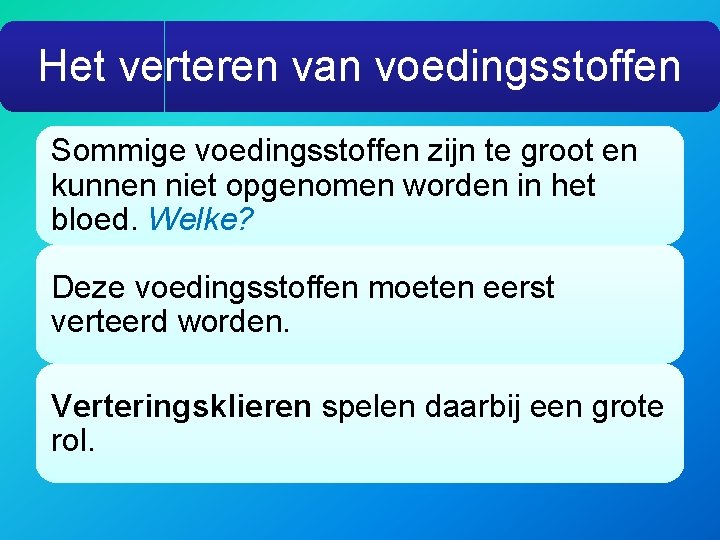 Het verteren van voedingsstoffen Sommige voedingsstoffen zijn te groot en kunnen niet opgenomen worden