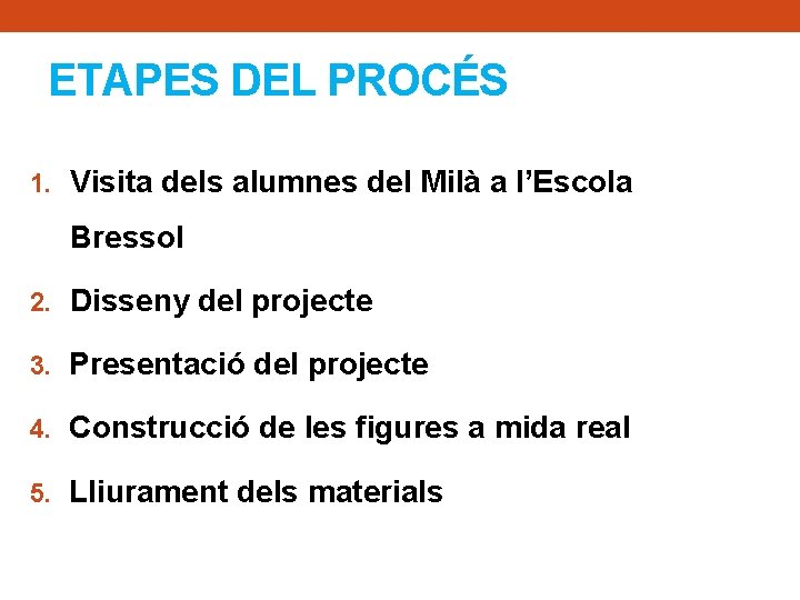ETAPES DEL PROCÉS 1. Visita dels alumnes del Milà a l’Escola Bressol 2. Disseny