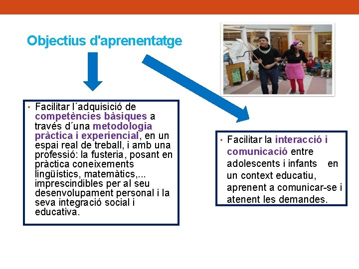 Objectius d'aprenentatge • Facilitar l´adquisició de competències bàsiques a través d´una metodologia pràctica i