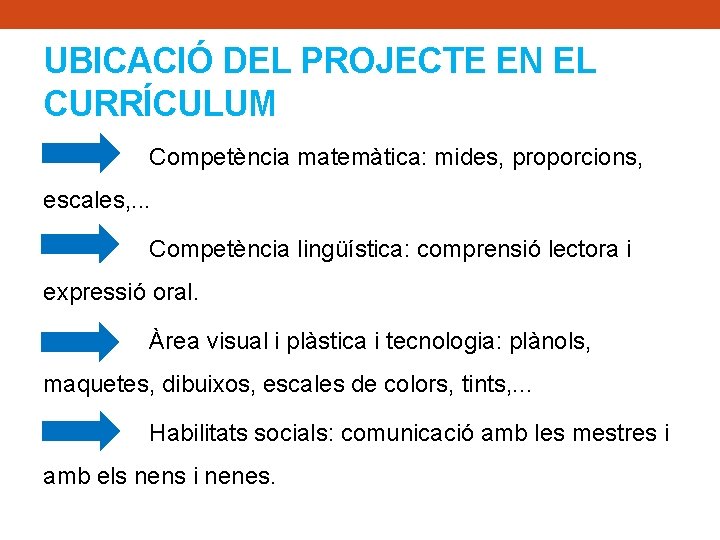 UBICACIÓ DEL PROJECTE EN EL CURRÍCULUM Competència matemàtica: mides, proporcions, escales, . . .