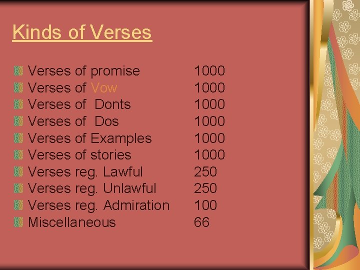 Kinds of Verses of promise Verses of Vow Verses of Donts Verses of Dos
