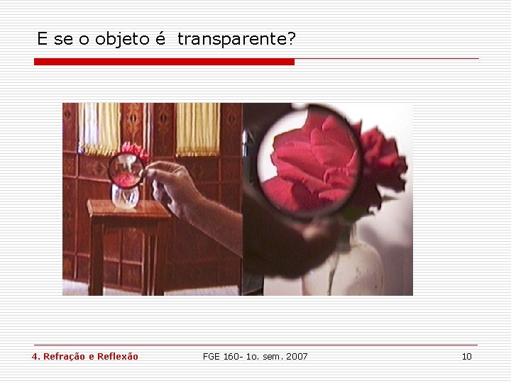 E se o objeto é transparente? 4. Refração e Reflexão FGE 160 - 1 E se o objeto é transparente? 4. Refração e Reflexão FGE 160 - 1