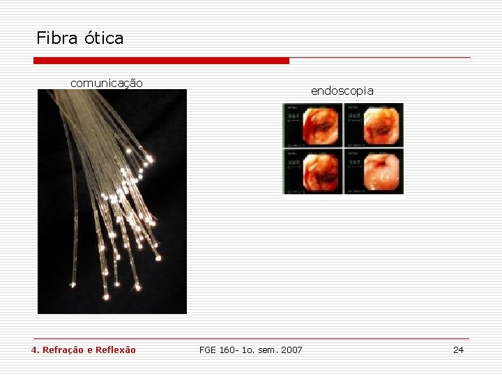 Fibra ótica comunicação 4. Refração e Reflexão endoscopia FGE 160 - 1 o. sem. Fibra ótica comunicação 4. Refração e Reflexão endoscopia FGE 160 - 1 o. sem.